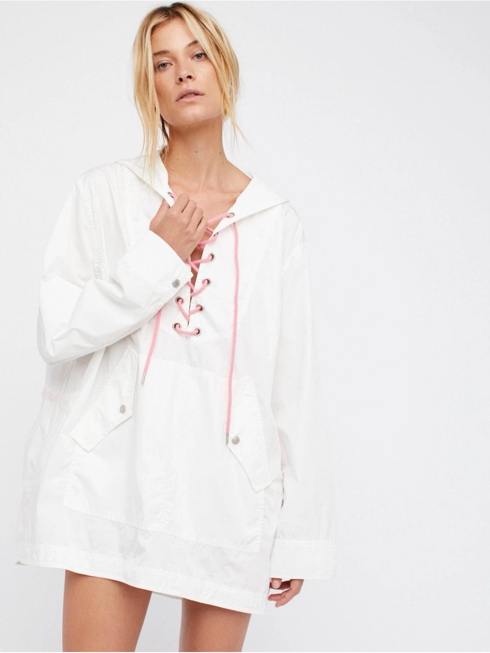 Free People Poplin Pullover Jacket Raincoat M/L White & Pink Hooded Lace Up NWT
